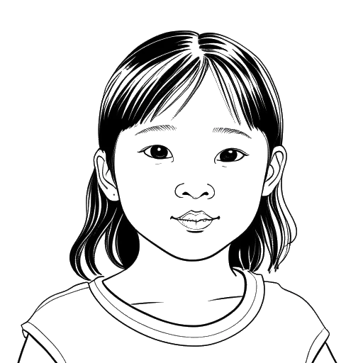 Disegno in stile line art di una bambina piccola, rappresentante Miki Rai, in una comunità asiatica a Cupertino, California