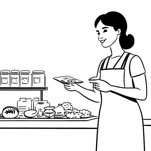 Line art drawing of a woman, representing Miki Rai, providing customer service in three languages at Paris Baguette