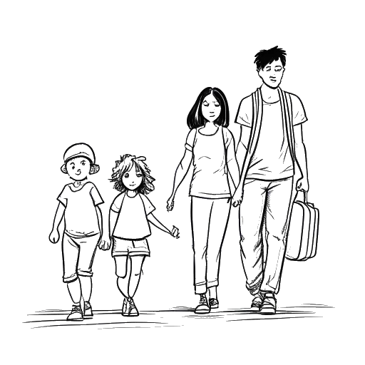 Desenho em arte linear de uma menina jovem, representando Miki Rai, com sua família se mudando para a América