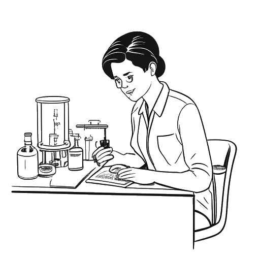 Dibujo en tinta de una joven, representando a Miki Rai, haciendo prácticas en un laboratorio