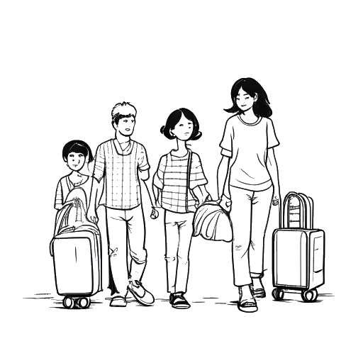 Line art drawing of a family, representing Miki Rai's parents, moving from Japan to America