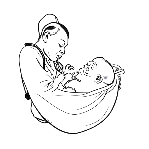 Line art drawing of a premature baby, representing Miki Rai, being delivered with forceps
