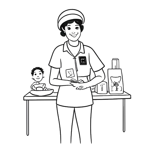 Line art drawing of a nurse, representing Miki Rai, volunteering at Lucile Packard Children's Hospital and serving in various roles at the American Red Cross