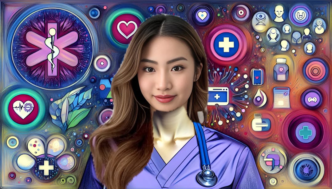 Miki Rai, a slim woman with light/medium skin, is shown in a thumbnail wearing a purple scrub shirt, representing her profession in the medical field. The background depicts vibrant colors and high-resolution details. Elements related to healthcare and medical symbols are incorporated to highlight her journey as a nurse. The thumbnail captures her friendly expression as she looks directly into the camera. Miki Rai's cultural background and online presence as a TikTok influencer are also emphasized.