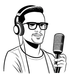 Line art drawing of a man, representing Cody Ko, wearing sunglasses, holding a microphone, and standing in front of a podcast logo. This image represents Cody's acting and podcasting ventures.