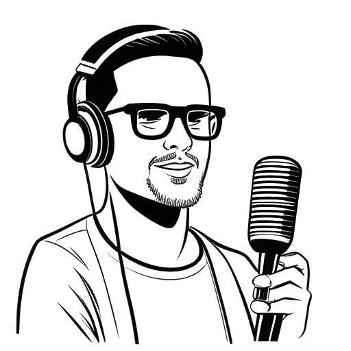 Desenho artístico de um homem, representando Cody Ko, usando óculos de sol, segurando um microfone e em pé na frente de um logotipo de podcast. Esta imagem representa as incursões de Cody na atuação e no podcasting.