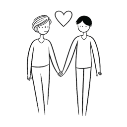 Dibujo de línea de un hombre y una mujer, que representan a Cody Ko y Kelsey Kreppel, tomados de la mano, con un símbolo de corazón sobre ellos. Esta imagen representa la vida personal de Cody y sus planes futuros.