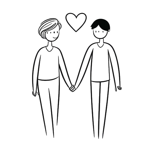 Dibujo de línea de un hombre y una mujer, que representan a Cody Ko y Kelsey Kreppel, tomados de la mano, con un símbolo de corazón sobre ellos. Esta imagen representa la vida personal de Cody y sus planes futuros.
