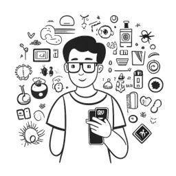Strichzeichnung eines Mannes, der Cody Ko darstellt, mit einer Kamera und einem Smartphone, umgeben von Symbolen beliebter sozialer Medienplattformen wie Vine und YouTube. Dieses Bild repräsentiert Codys Aufstieg zum Ruhm in den sozialen Medien.