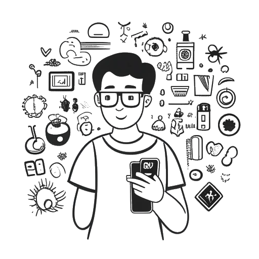Desenho artístico de um homem, representando Cody Ko, segurando uma câmera e um smartphone, com ícones representando plataformas de mídia social populares como Vine e YouTube ao seu redor. Esta imagem representa a ascensão de Cody à fama nas redes sociais.