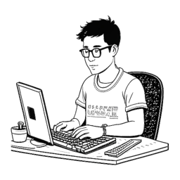 Lijnkunsttekening van een man, die Cody Ko vertegenwoordigt, met kort haar, een bril en een t-shirt van computerprogrammering, zittend voor een computer om te coderen. Deze afbeelding vertegenwoordigt Cody's achtergrond in informatica en software engineering.