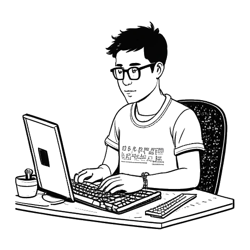 Strichzeichnung eines Mannes, der Cody Ko repräsentiert, mit kurzen Haaren, einer Brille und einem T-Shirt mit Computerprogrammiermotiven, der vor einem Computer sitzt und codiert. Dieses Bild repräsentiert Codys Hintergrund in der Informatik und Software-Entwicklung.