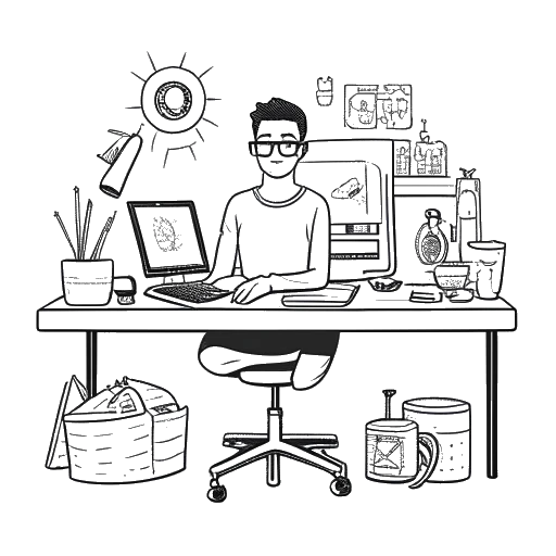 Dibujo de arte lineal de un hombre, representando a Cody Ko, sentado en un escritorio con una computadora, rodeado de signos de dólar y logos de YouTube.