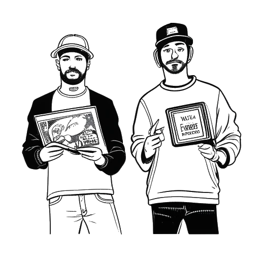 Line art drawing of Cody Ko and Noel Miller, holding their Tiny Meat Gang EPs