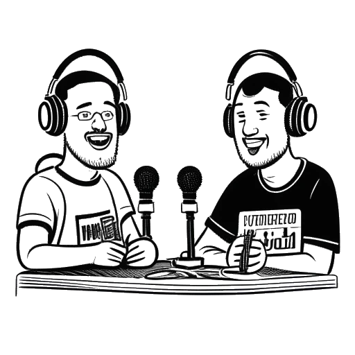 Line art drawing of Cody Ko and Noel Miller, co-hosting the Tiny Meat Gang podcast