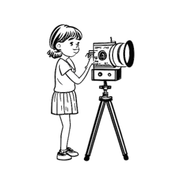 Dibujo de arte lineal de una actriz infantil frente a una cámara de cine, representando la transición de Ariana Greenblatt a la gran pantalla.