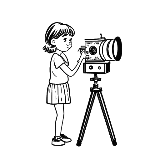 Desenho em arte linear de uma atriz infantil na frente de uma câmera de cinema, representando a transição de Ariana Greenblatt para o cinema.