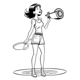 Line art drawing of a dancing girl holding a microphone and standing beside a spaceship, representing Ariana Greenblatt's diverse roles and achievements.