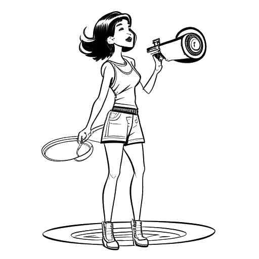 Desenho em arte linear de uma menina dançando segurando um microfone ao lado de uma espaçonave, representando os papéis e conquistas diversificados de Ariana Greenblatt.