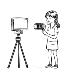 Dibujo de arte lineal de una niña actuando frente a una cámara, representando los inicios y el éxito en la televisión de Ariana Greenblatt.