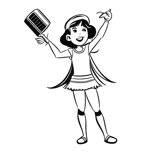 Desenho de uma menina, representando Ariana Greenblatt, em pose de super-herói com visuais de um clap de filme e um microfone, simbolizando seus papéis de atuação e dublagem.