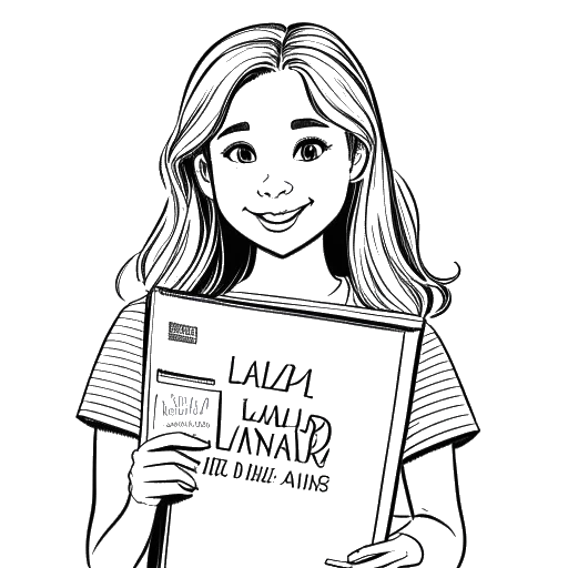 Desenho em arte de linha de uma menina, representando Ariana Greenblatt, com cabelos longos e segurando um roteiro na frente de uma tela com 'Liv and Maddie', em um fundo branco.