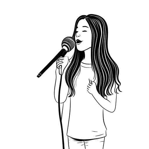 Dibujo de línea de una niña, representando a Ariana Greenblatt, abogando por causas benéficas como la lucha contra el acoso escolar, de pie frente a un micrófono con un logo de corazón, sobre un fondo blanco.