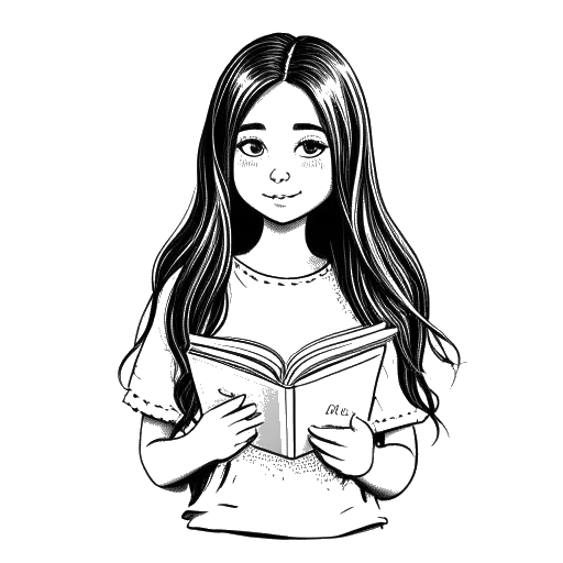 Desenho em arte de linha de uma menina, representando Ariana Greenblatt, segurando livros rotulados 'Inglês' e 'Español', mostrando suas habilidades bilíngues, em um fundo branco.