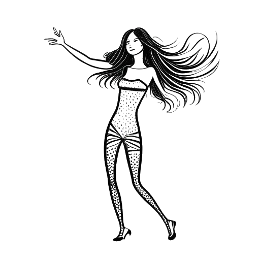 Strichzeichnung eines Mädchens, das Ariana Greenblatt darstellt, in einem glitzernden Tanzkostüm in 'Dancing with the Stars: Juniors', auf einem weißen Hintergrund.