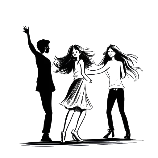 Dibujo de línea de una niña, representando a Ariana Greenblatt, bailando con figuras que se asemejan a Jennifer Lopez y Will Smith, bajo un foco de luz, sobre un fondo blanco.