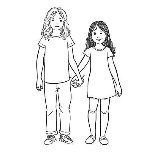 Line art drawing of a girl, representing Ariana Greenblatt, holding hands with a boy in front of a family portrait, representing time with her family, on a white backdrop.