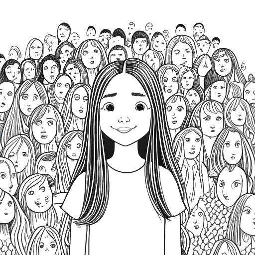 Strichzeichnung eines Mädchens, das Ariana Greenblatt darstellt, inmitten einer Gruppe von Bewunderern mit Herzen über ihnen, was ihre Fangemeinde namens 'Ariators' kennzeichnet, auf einem weißen Hintergrund.