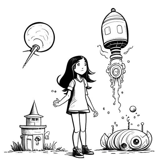 Line drawing of a girl, representing Ariana Greenblatt in 'Love and Monsters' and 'Awake', with a torch and futuristic gadget, a monster, and a spaceship, against a white background.