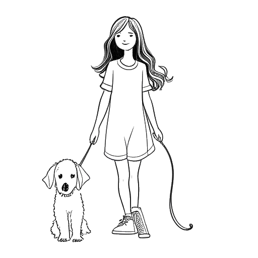 Line art drawing of a girl, representing Ariana Greenblatt, holding a leash with her pet dog Alaska, against a white backdrop.