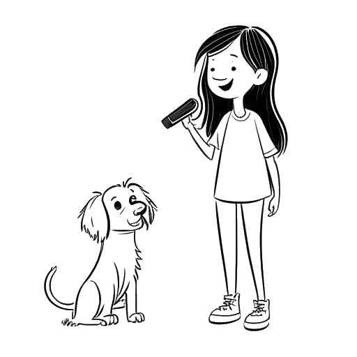 Line art drawing of a girl, representing Ariana Greenblatt, as the voice of Julia in 'Scoob!' with a cartoon dog, against a white background.
