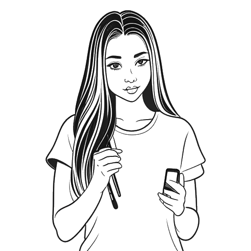 Dibujo de línea de una niña, representando a Ariana Greenblatt, sosteniendo un teléfono inteligente con los logotipos de Instagram y TikTok, destacando su presencia en redes sociales, sobre un fondo blanco.