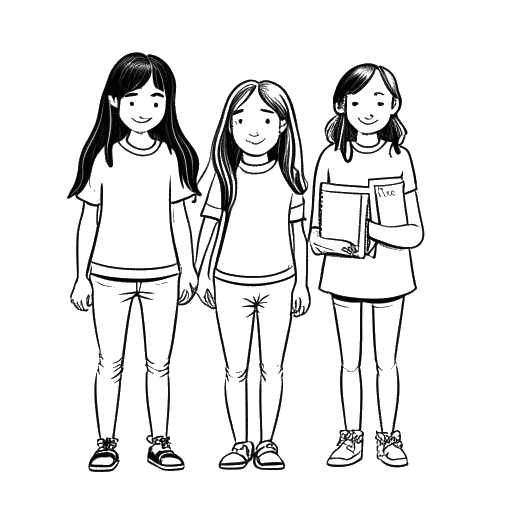Line art drawing of a girl, representing Ariana Greenblatt as Daphne Diaz in Stuck in the Middle, surrounded by her siblings, against a white backdrop.