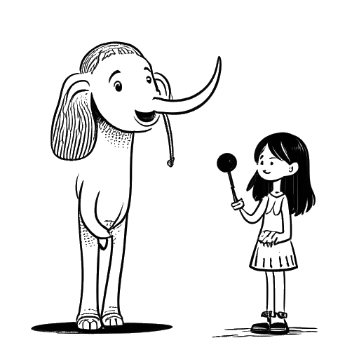 Dibujo de línea de una niña, representando a Ariana Greenblatt, dando voz a Ruby en 'The One and Only Ivan' junto a un elefante animado y una figura que se asemeja a Bryan Cranston, sobre un fondo blanco.