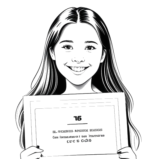 Desenho em arte de linha de uma menina, representando Ariana Greenblatt, segurando um certificado '30 Maiores Estrelas de Hollywood com Menos de 18 Anos', em um fundo branco.
