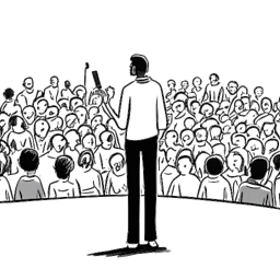 Line art drawing of a man representing Raj Patel delivering a compelling speech on global issues to a varied audience, highlighted by symbolic depictions of food scarcity and inequality