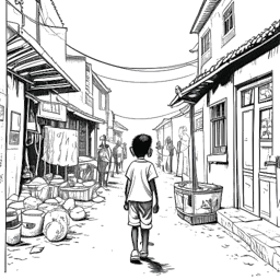 Line art drawing of a child representing Raj Patel exploring the bustling streets of Bombay, observing the class disparities, with a corner shop backdrop