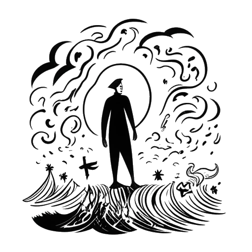 Line art drawing symbolizing resilience, featuring a figure embodying Raj Patel's unwavering stand against adversities and surrounded by elements representing social justice principles