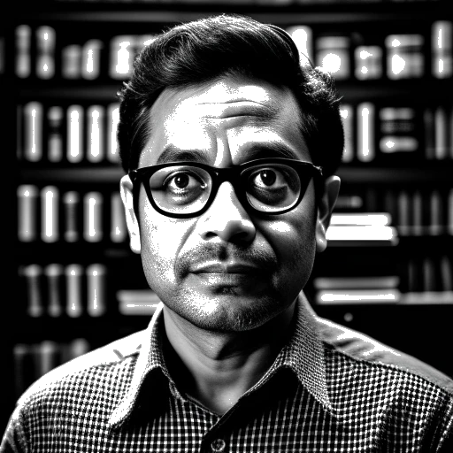 Eine Linienzeichnung eines Mannes, der Raj Patel repräsentiert, mit Brille und einem entschlossenen Gesichtsausdruck. Im Hintergrund sind Regale mit Büchern und Protestplakaten zu sehen, die Patels literarische Erfolge und sein Aktivismus symbolisieren.