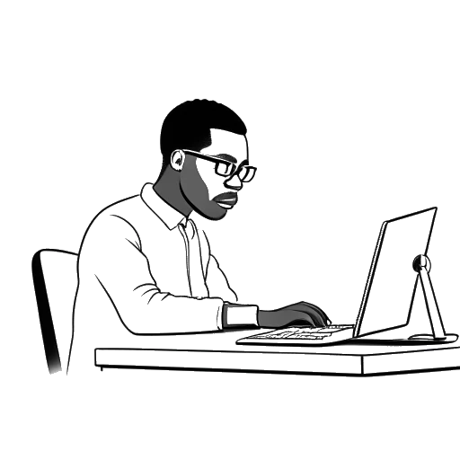 Strichzeichnung eines Mannes, der Raj Patel darstellt, der vor einem Computer mit einer südafrikanischen Flagge im Hintergrund auf weißem Hintergrund arbeitet.