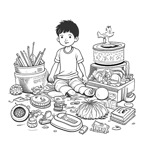 Disegno in stile line art di un ragazzo giovane, rappresentante Raj Patel, che noleggia giocattoli con simboli culturali indiani sullo sfondo su sfondo bianco.