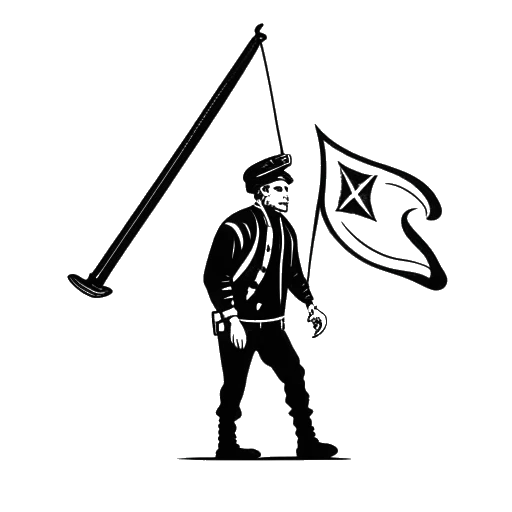 Desenho em arte linear de um homem, representando Raj Patel, segurando uma bandeira anarquista com símbolos de socialismo libertário ao fundo, em um fundo branco.
