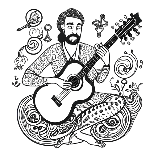 Line art drawing of a man, representing Raj Patel, holding a guitar with symbols of atheism and Hinduism in the background on a white background.