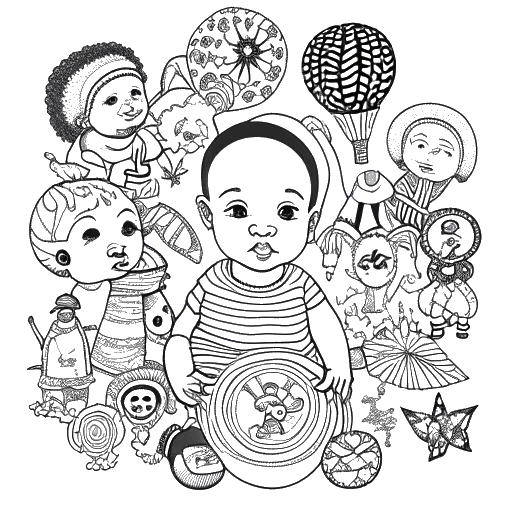 Line art drawing of a baby, representing Raj Patel, surrounded by various cultural symbols from London, India, Kenya, and Fiji on a white background.