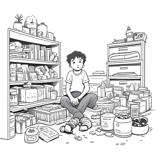 Desenho em arte linear de um menino, representando Raj Patel, sentado em um porão cercado por itens de mercearia, como alimentos enlatados e brinquedos, em um fundo branco.