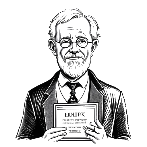 Desenho em arte linear de um homem, representando Raj Patel, segurando um livro intitulado 'Os Comuns' com uma medalha do Nobel ao fundo, em um fundo branco.